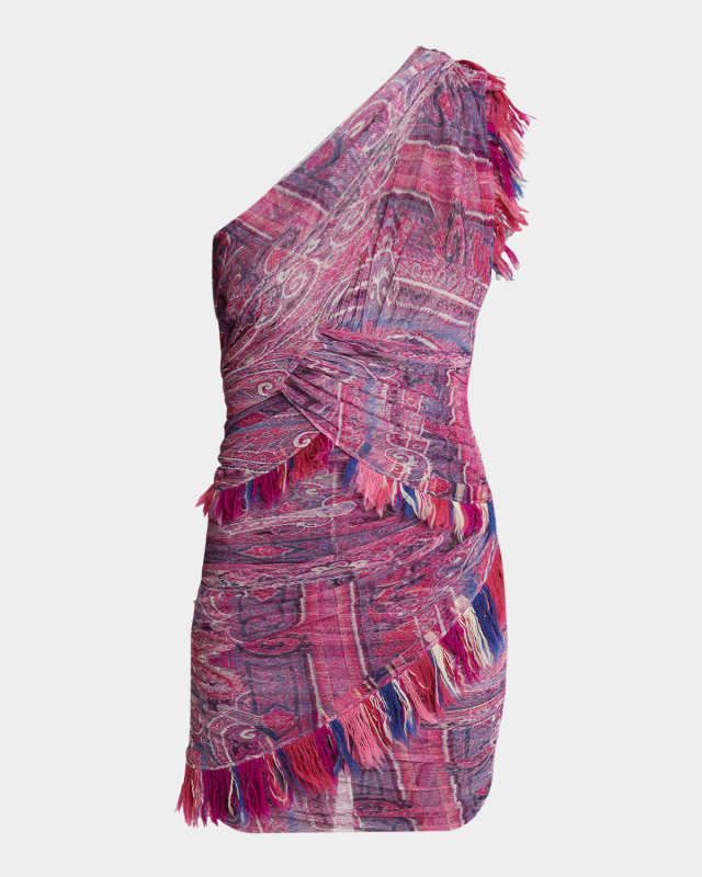 Dessia Printed One-Shoulder Fringe Mini Dress